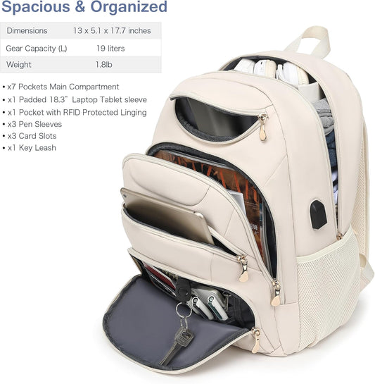 Boavan Laptop Backpack for women,15.6 inch Laptop Bag with USB Port, Waterproof Travel Work Backpack Purse, Anti-Theft Teacher Nurse Doctor Casual Bookbags Office Business backpack，Cream Beige