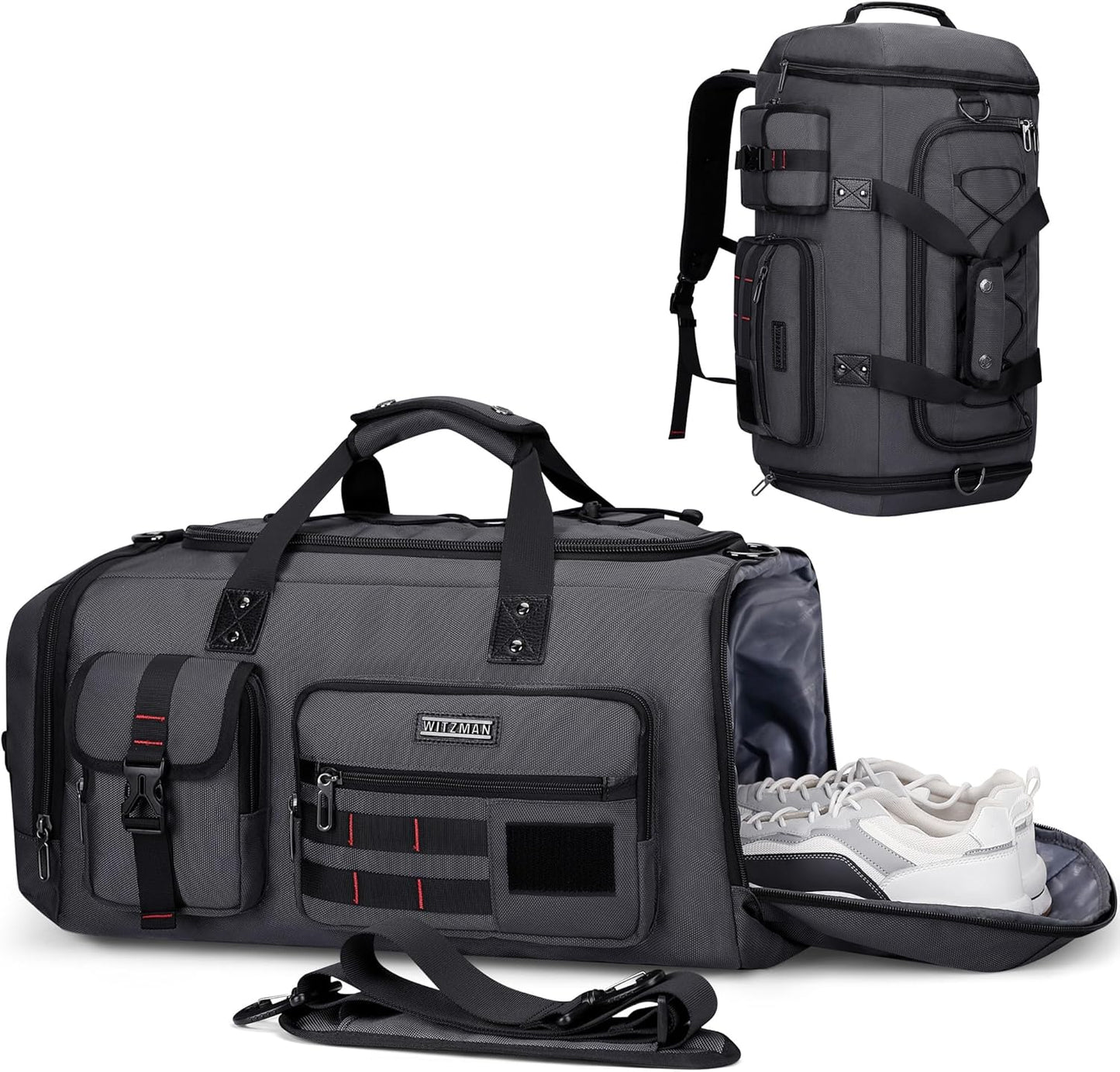 WITZMAN Travel Duffel Bags for Men Large Carry On Weekender Overnight Bag 3 in 1 Backpack with Shoe Compartment （B693 Silvery Grey)