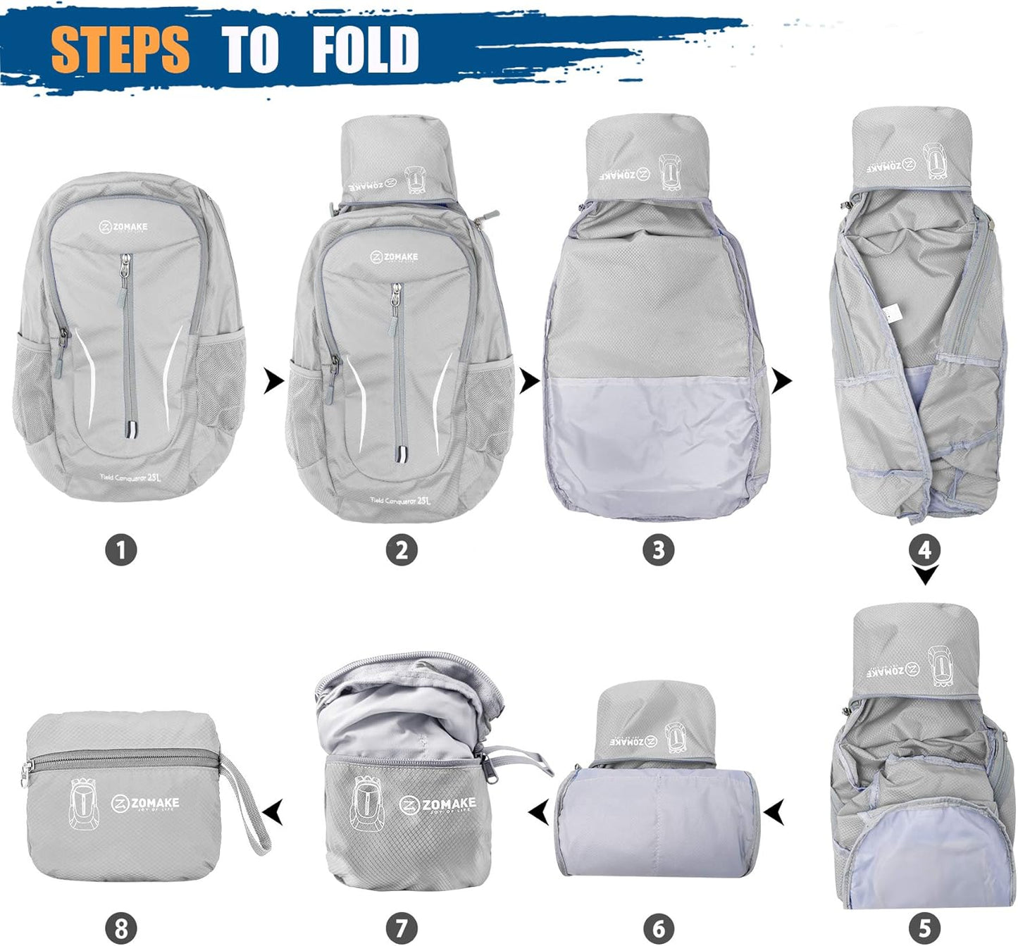 ZOMAKE Ultra Lightweight Packable Backpack 25L, Foldable Hiking Backpacks Water Resistant Small Folding Daypack for Travel(Sliver Grey)