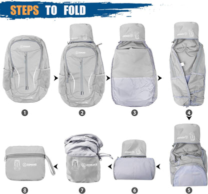 ZOMAKE Ultra Lightweight Packable Backpack 25L, Foldable Hiking Backpacks Water Resistant Small Folding Daypack for Travel(Sliver Grey)