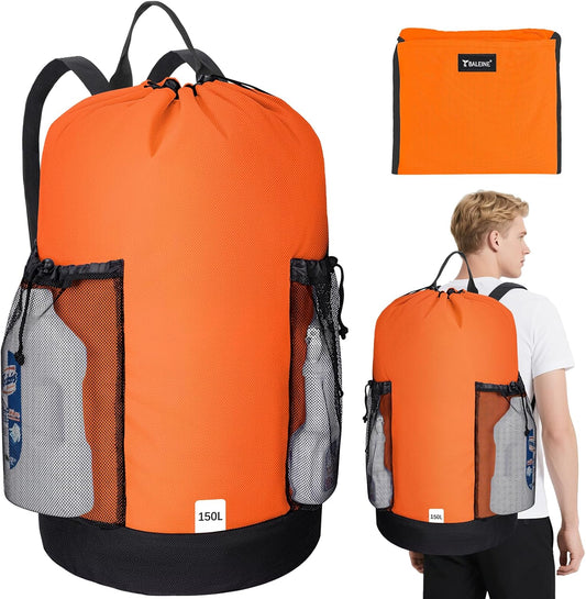 BALEINE 150L Laundry Bag Backpack, 900D Oxford Fabric Large Travel Laundry Bags with Shoulder Straps and 2 Mesh Pockets for College Dorm, Apartment, Laundromat (Orange, 150L)