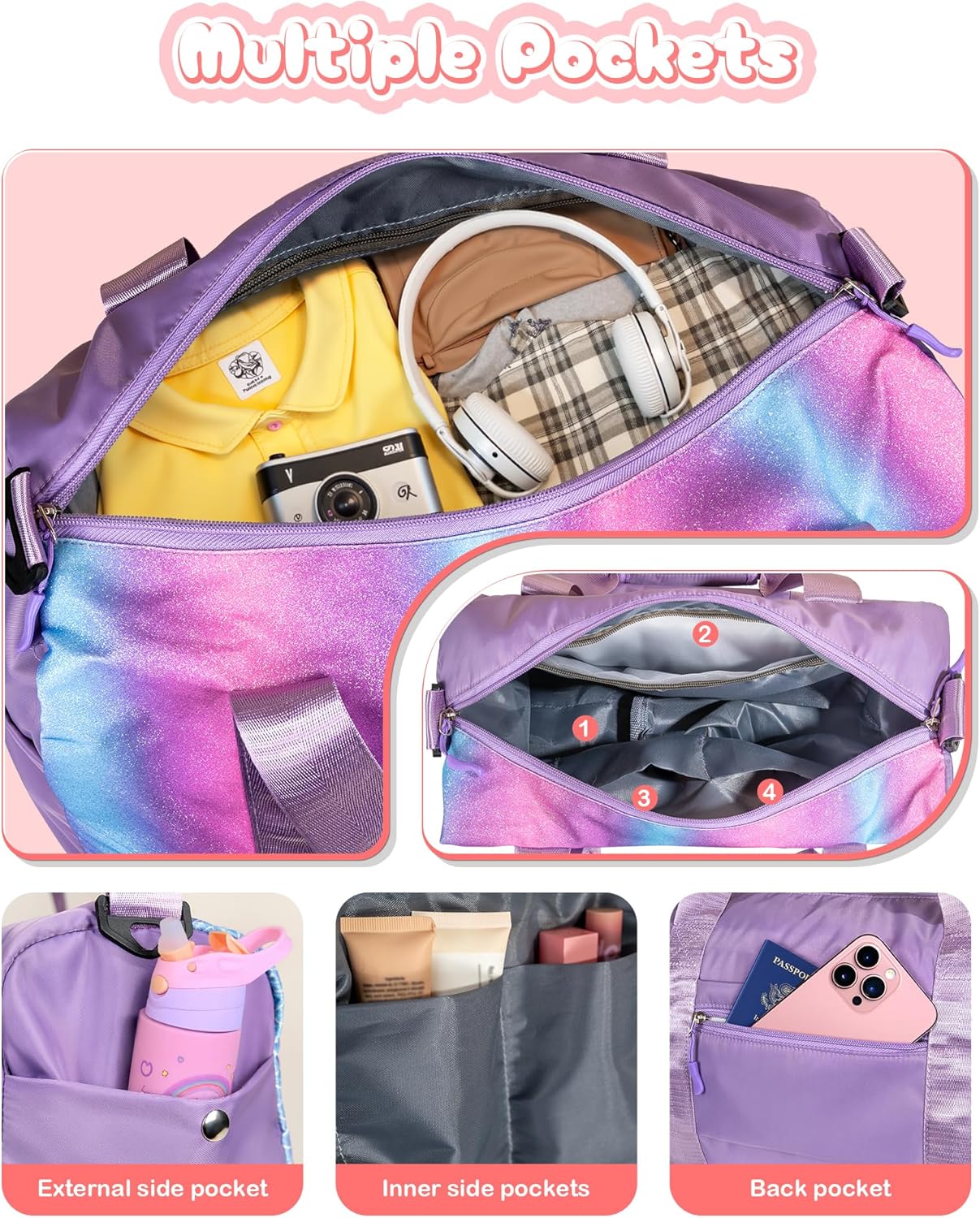 Girls Cheer Up Gifts-Girl Gym Bag with Shoe Compartment, Kid Personalized Weekender Ballet Bags, Initial Travel Tote with Makeup Pouch, Dance Gift for Niece Kids Daughter (Letter K)
