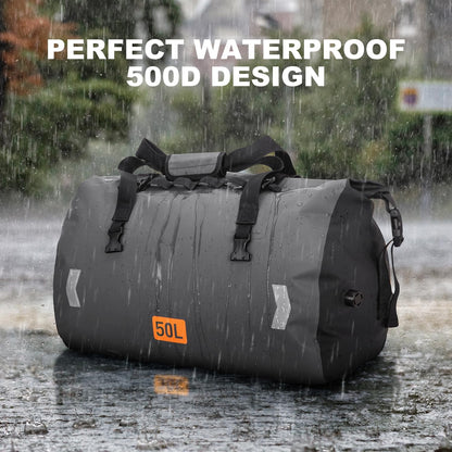 Waterproof Duffel Bag, 50L Roll-top Motorcycle Dry Bag with Air Valve & Quick-fixed Straps, Travel Duffle Bags for Kayaking Paddle Boarding Rafting Boating Camping Riding Fishing - Grey