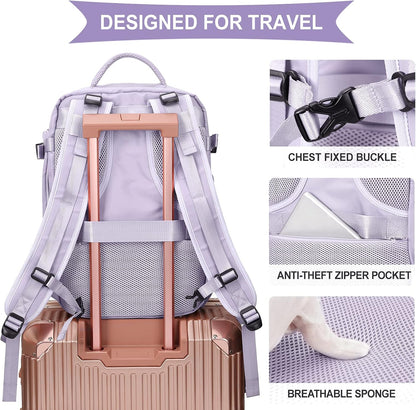 coowoz Large Travel Backpack For Women Men,Carry On Flight Approved,Hiking Waterproof Outdoor Sports Rucksack Casual Daypack Fit 15.6 Inch Laptop Shoes Compartment (Purple)