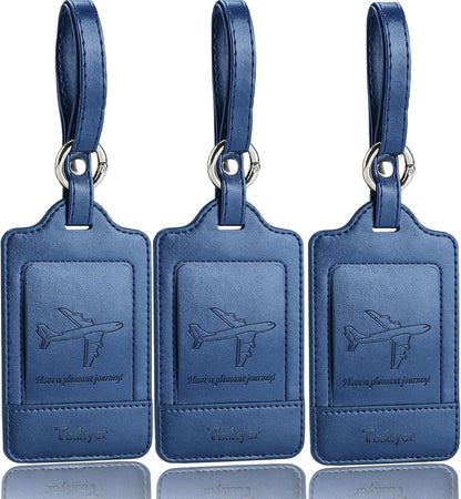 Teskyer Luggage Tags, 3 Pack Premium PU Leather Luggage Tags for Suitcases, Privacy Protection Travel Bag Tags, Blue
