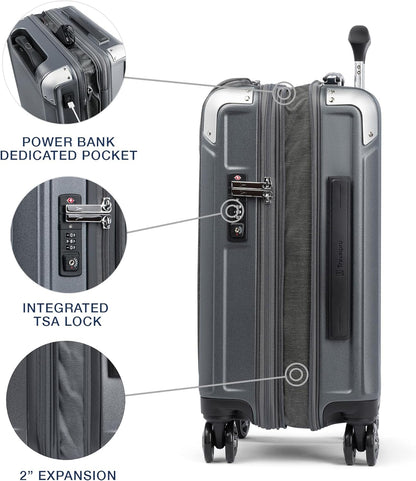 Travelpro Platinum Elite Hardside Expandable Carry on Luggage, 8 Wheel Spinner, TSA Lock, Hard Shell Polycarbonate Suitcase, Vintage Grey, Compact Carry on Laptop Pocket 20-Inch