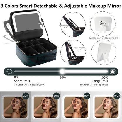 MOMIRA Travel Makeup Bag Cosmetic Bag with Lighted Mirror, Adjustable Brightness in 3 Color Scenarios, Waterproof, 10x Magnifying Mirror, Rotatable Independent Light Mirror- Zebra Green