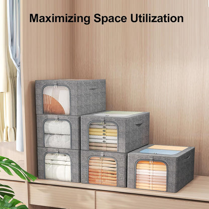 GoMaihe Clothes Storage Bins Metal Frame: 3-Pack Compact Stackable Closet Storage Bin with Lid & Clear Window, Space Saving Organizer for Sweaters Kids Clothes (Dorm/Closet 27L)