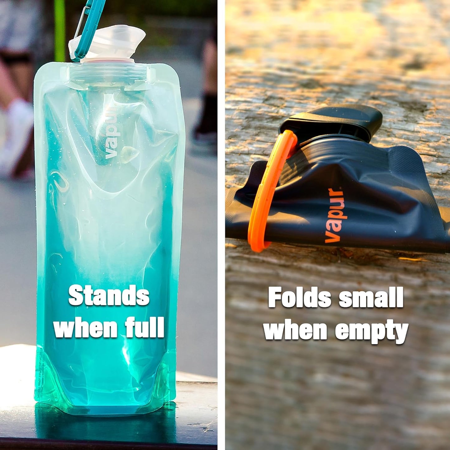 Vapur Collapsible Water Bottle With Carabiner, Compact Bottle Folds Flat For Hydration On The Go, Ideal for Traveling, Hiking or Camping, 34 Ounce, Blue, Pack of 1