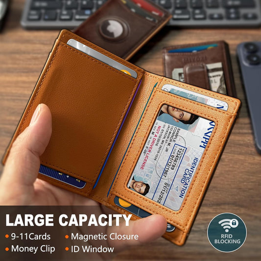 Airtag Wallet for Men- with Money Clip Gift Boxed, Magnetic Closure Slim Genuine Leather Front Pocket Wallet, 4.1"x 2.8", RFID Blocking