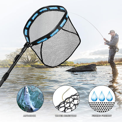 PLUSINNO Floating Fishing Net for Steelhead, Salmon, Fly, Kayak, Bass, Trout Fishing, Catfish, Rubber Coated Landing Net for Easy Catch & Release for Easy Transportation & Storage