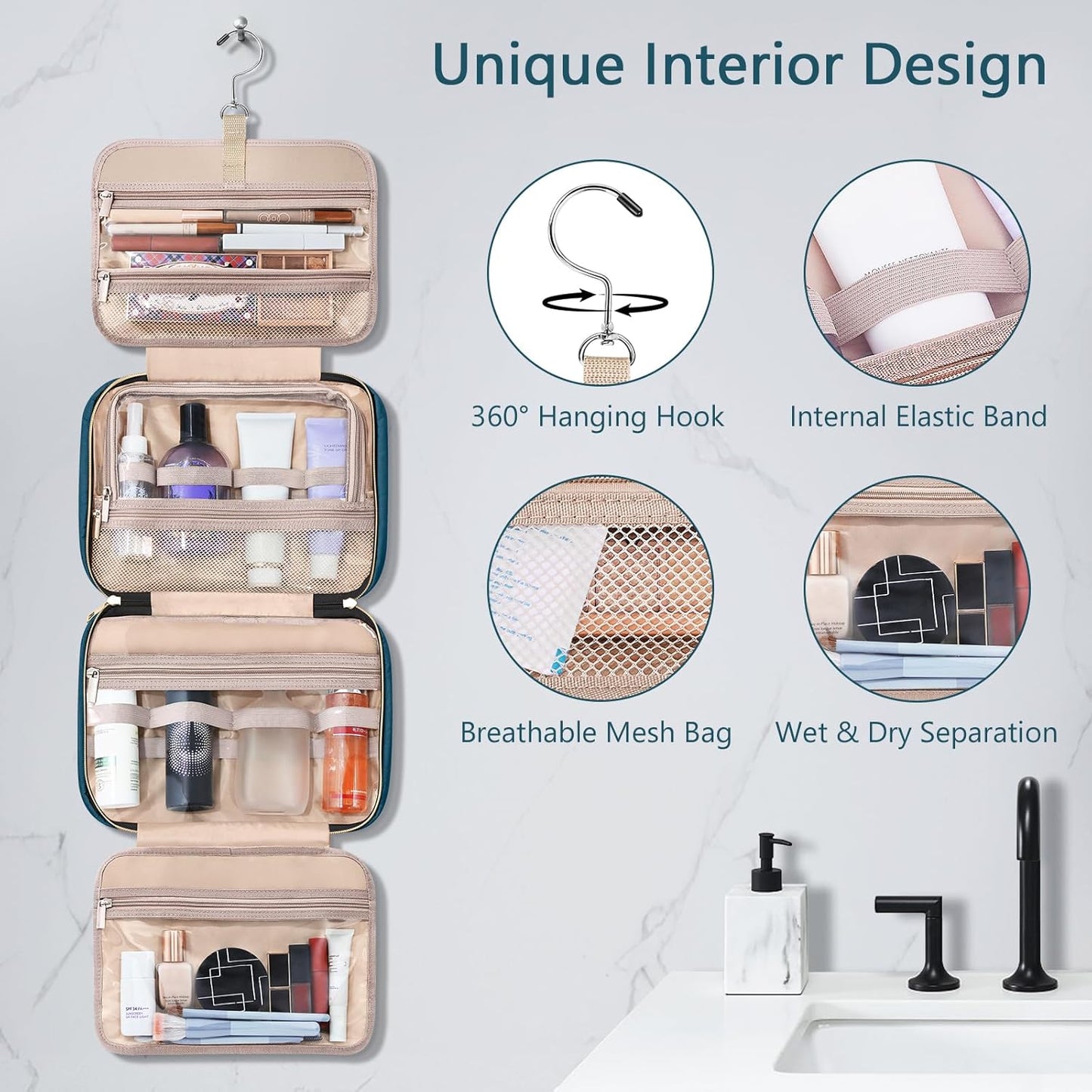 Wedama Toiletry Bag for Women, Hanging Travel Toiletry Bag with Jewelry Organizer Compartment Large Makeup Bag, PVC Waterproof Cosmetic Travel Bag for Travel Business Trips Camping Bathroom, Blue