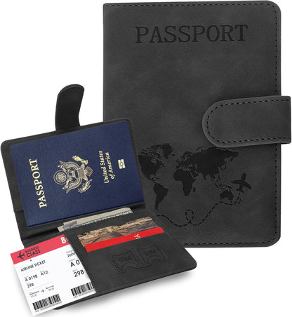 Passport Holders, RFID Blocking Credit Card Holder, PU Leather Vaccine Card Holders for Travel with Magnetic Buckle, Travel Must Haves Cruise Ship Essentials for Men, Women (Black)