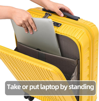 2 Pieces 19/29 Luggage Sets, 19 Inch Carry On Luggage with Front Pocket & 29 Inch Side Opening Suitcase, Ligthweight ABS+PC Hardshell, TSA Lock & YKK Zipper with HINOMOTO 360° Wheels, Yellow