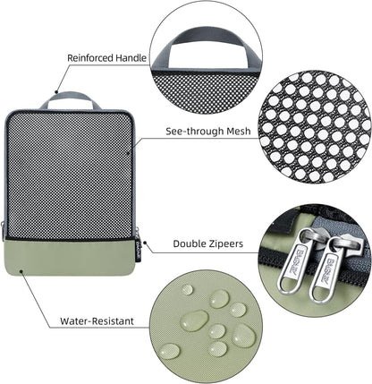BAGAIL 4 Set/6 Set/8 Set Compression Packing Cubes Travel Accessories Expandable Packing Organizers (Half Mesh, 6-Matcha Green)