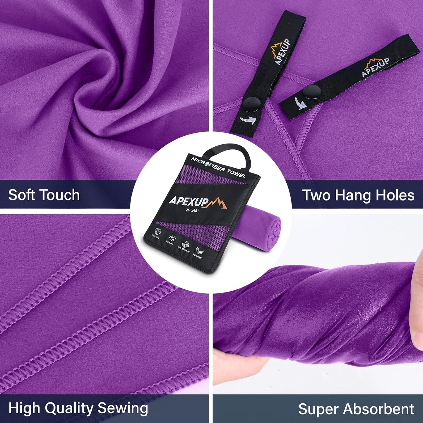 APEXUP Microfiber Travel Towel, Ultra Absorbent Quick Dry Towels, Lightweight Gym Sports Camping Towel for Workout, Yoga, Beach, Shower, Swimming (24"×12", Purple)