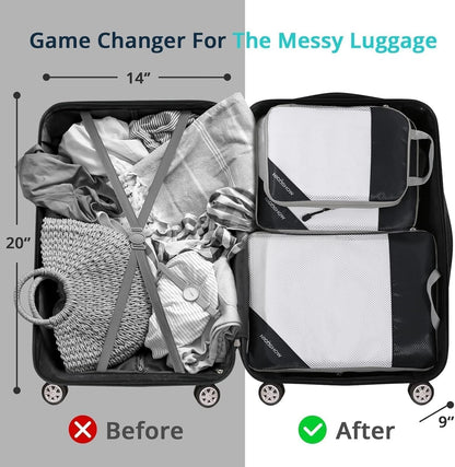 6 Set Compression Packing Cubes for Travel - Compressible, Lightweight, and Space-Saving Packing Cubes, Travel Essentials for Women, Black