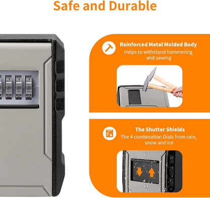 UPGRADE Extra Large Capacity Key Lock Box, Weatherproof Wall Mount Key Box for Car Keys, Fob, House Keys, Key Safe Security Storage Lock Box for Indoor, Outdoor, Garage, Garden, Store (1, Grey)