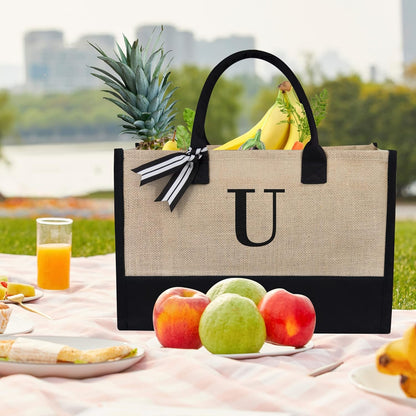 TOPDesign Initial Jute/Canvas Tote Bag, Personalized Present Bag, Suitable for Wedding, Birthday, Beach, Holiday, is a Great Gift for Women, Mom, Teachers, Friends, Bridesmaids (Letter U)