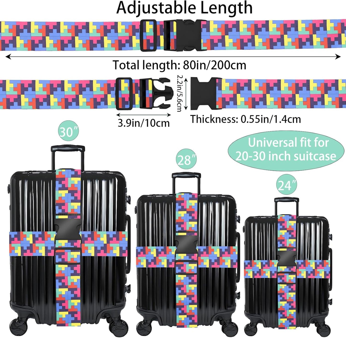 Puzzle Luggage Straps for Suitcases, Adjustable Luggage Travel Belt to Keep Luggage Security While Travel, Strong Polyester Fabric, Easy-to-Recognize Funny Pattern Travel Essentials, 2 Pack