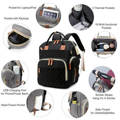 Diaper Bag, Backpack with Changing Station, Waterproof Baby Bag for Boys & Girls, USB Charging Port for Parents, Travel Backpack Baby Essentials & Lovely Baby Shower Gifts, Black