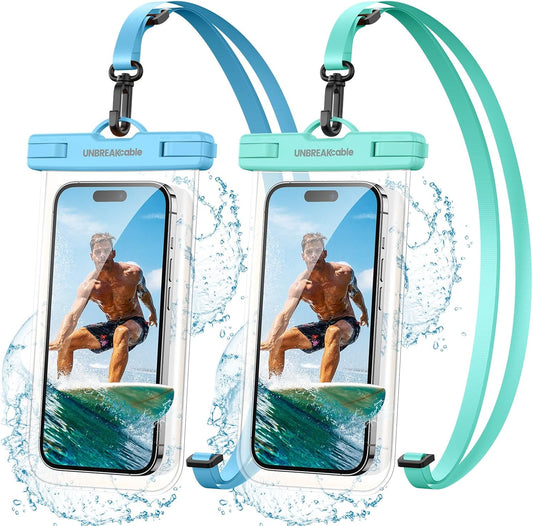 UNBREAKcable Waterproof Phone Pouch-2 Pack IPX8 Waterproof Phone Case for iPhone 16 15 14 13 12 11 Pro Max & Samsung S25 S24-Dry Bag & Travel Essentials for Beach, Pool, Kayak & Cruise-7" Blue+Green