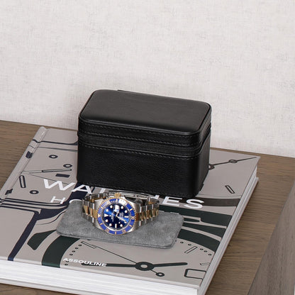 ROTHWELL 2 Watch Travel Case for Men | Compact PU Leather Protective Box with Microsuede Interior | Fits Watches & Smartwatches Up to 55mm (Black/Grey)