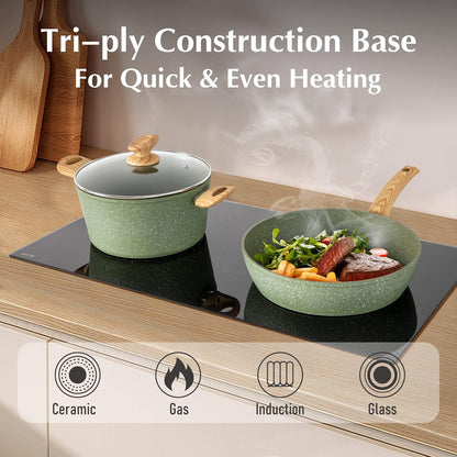 MAISON ARTS Pots and Pans Set Non Stick, 12 Piece Green Granite Kitchen Cookware Induction Compatible, Pot and Pan Sets for Cooking Nonstick