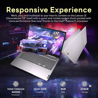 Lenovo Ideapad 3 15.6" FHD Chromebook, Intel Celeron N4500, 4GB LPDDR4X, 224GB Storage (64GB SSD + 160GB Docking Station Set), Number Pad, Webcam, Wi-Fi 6, Chrome OS, Gray
