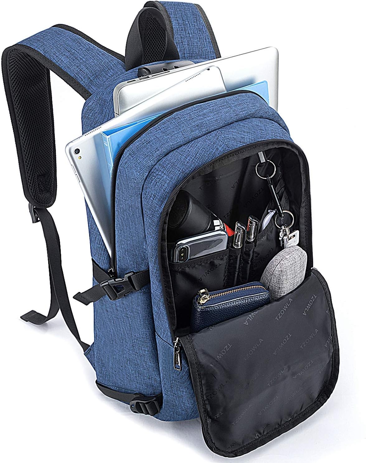Tzowla Business Laptop Backpack Anti-Theft Backpack with USB Charging Port and Lock 17.3 Inch Computer Backpacks for Women Men, Casual Hiking Travel Daypack (Blue)