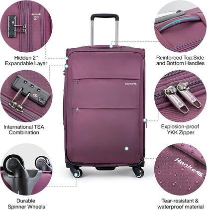 Hanke 20 Inch Expandable Carry On Luggage 22x14x9 Airline Approved Softside Suitcases with Wheels Lightweight Travel Luggage Rolling Suitcase with Lock for Men and Women.(Purple)