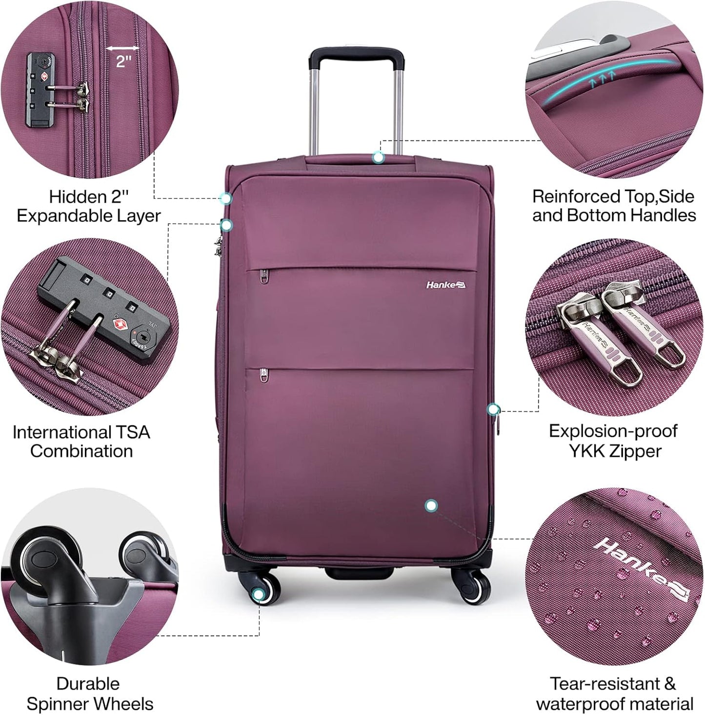 Hanke 24 Inch Expandable Luggage Large Suitcases with Wheels Softside Checked Luggage Rolling Suitcase with Lock Lightweight Travel Luggage for Men and Women 24 Inch Luggage.(Purple)