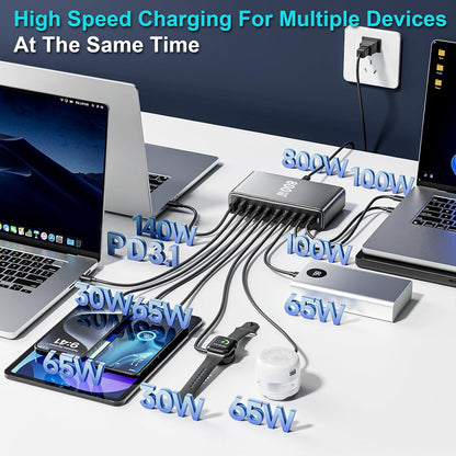 800W USB C Fast Charger Block, 10 Port USB Charging Station, GaN Ⅲ Pro Double 140W PD PPS Port Fast Charging Station,Laptop Wall Charger Compatible with HP,DELL,MacBook Pro,iPhone 17,Galaxy S24