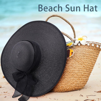 DRESHOW Beach Hats for Women Big Straw Wide Brim Summer Hat Floppy Foldable Roll up Cap Sun Hat UPF 50+