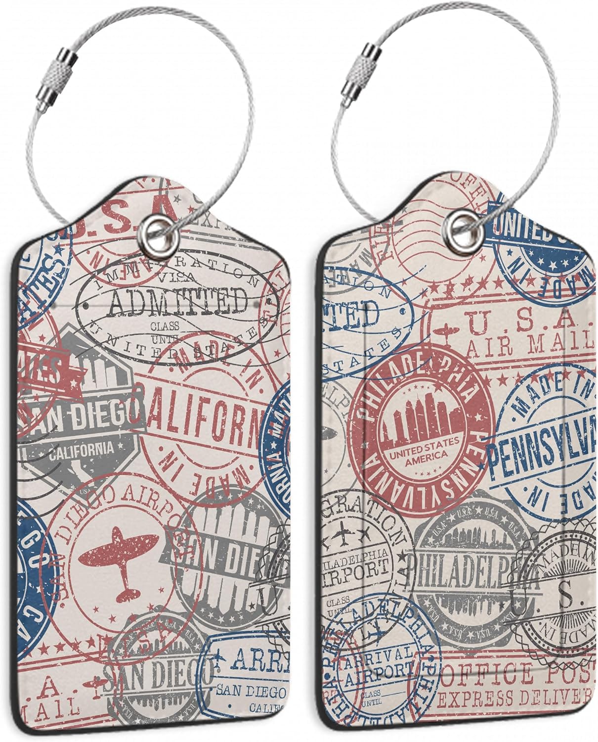 Set of 2 Luggage Tags for Suitcases, Leather Passport Travel Stamps Baggage Tags with Stainless Steel Loop, Privacy Name ID Card Cover Kawaii Travel Labels for Women Men Kids Girls