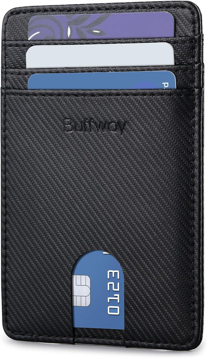 Buffway Mens Slim Wallet, Minimalist Thin Front Pocket Leather Credit Card Holder with RFID Blocking for Work Travel