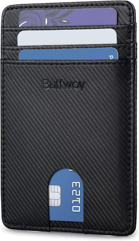 Buffway Mens Slim Wallet, Minimalist Thin Front Pocket Leather Credit Card Holder with RFID Blocking for Work Travel