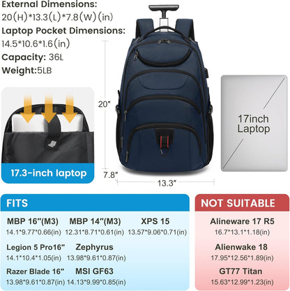 Boavan Rolling Backpack,17 inch Water Resistant Wheeled Backpack,Carry on Luggage Business Bag, Overnight College Computer bag Trolley Suitcase for Men Women Adults to Travel，Black