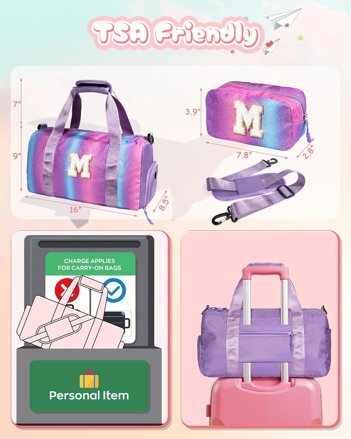Gifts for 4 5 6 7 8 9 10 Year Old Girls-Girl Gym Bag with Shoe Compartment, Kid Personalized Weekender Overnight Bags, Initial Travel Tote with Makeup Pouch, Gift for Daughter (Letter G)