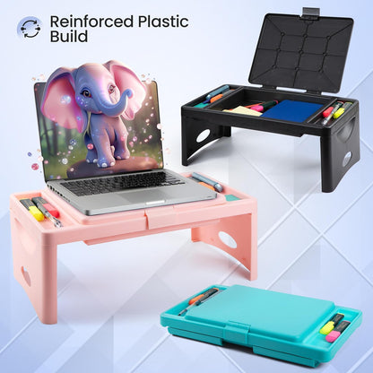Loddie Doddie Folding Lap Desk & Bed Table - 9.75 x 12 in Black Sturdy Plastic - Portable Desk for Bed with Storage Pocket & Accessory Trays - Laptop Tray & Lap Table for Kids