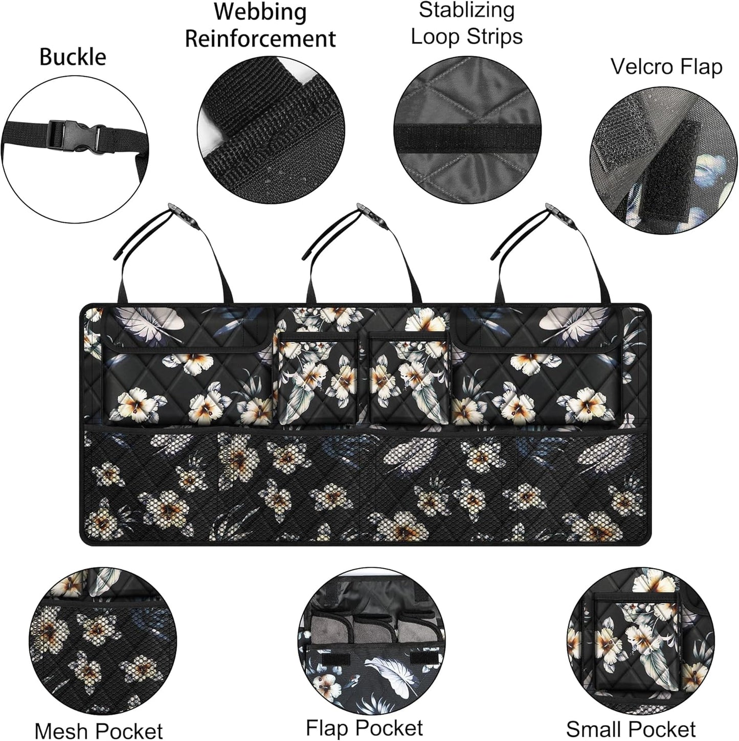 Femuar Car Trunk Organizer, Large Capacity Backseat Trunk Organizer (42"*18"), Collapsible Car Storage Bag with 8 Pockets - Hibiscus