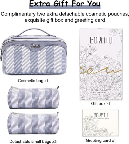 BOYATU Makeup Bag Travel Cosmetic Bag: 3 Pcs Set Portable Make up Bags for Women with Handle - Waterproof Vegan Leather Toiletry Organizer Bags with Comparments (F-05-Blue)