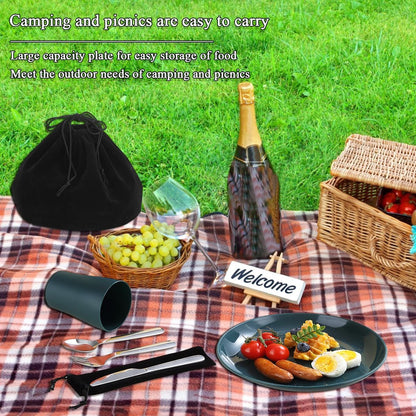 Evanda Camping Cutlery Set, Reusable Light Weight Mug, Plate and Stainless Steel Cutlery Set with Black Bag, Dishwasher Safe
