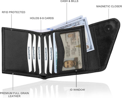 Leather RFID Wallet for Men, Slim Leather Mens Wallet, Handcraft Men's Wallets, Card Cases & Money Organizers, Magnetic Closure Sleek RFID Blocking Thin Mens Wallets with 9-12 Card Slots & Gift Box