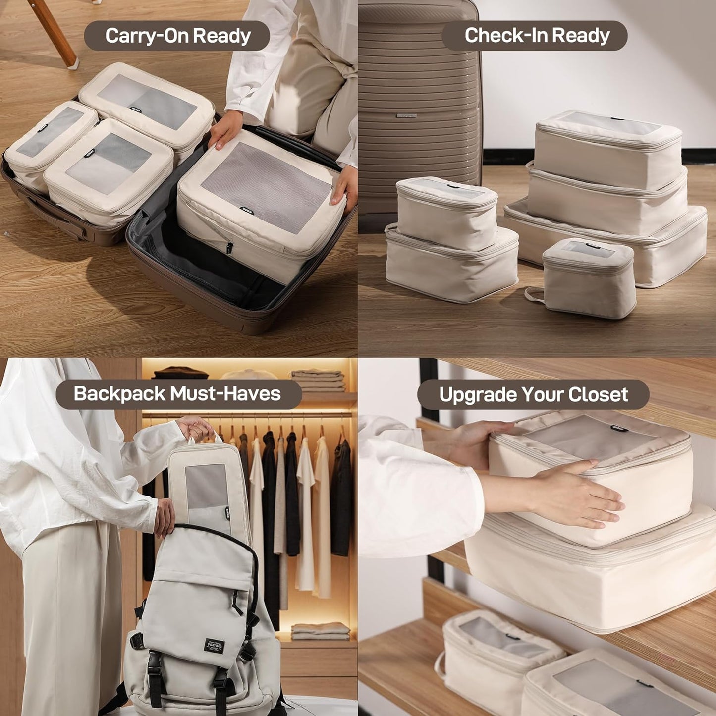 EPICKA TripCozy Compression Packing Cubes - 6 Set Durable Travel Organizer Bags with Mesh Top, Expandable Travel Accessories for Carry on, Luggage, Suitcase, Backpack (Beige)