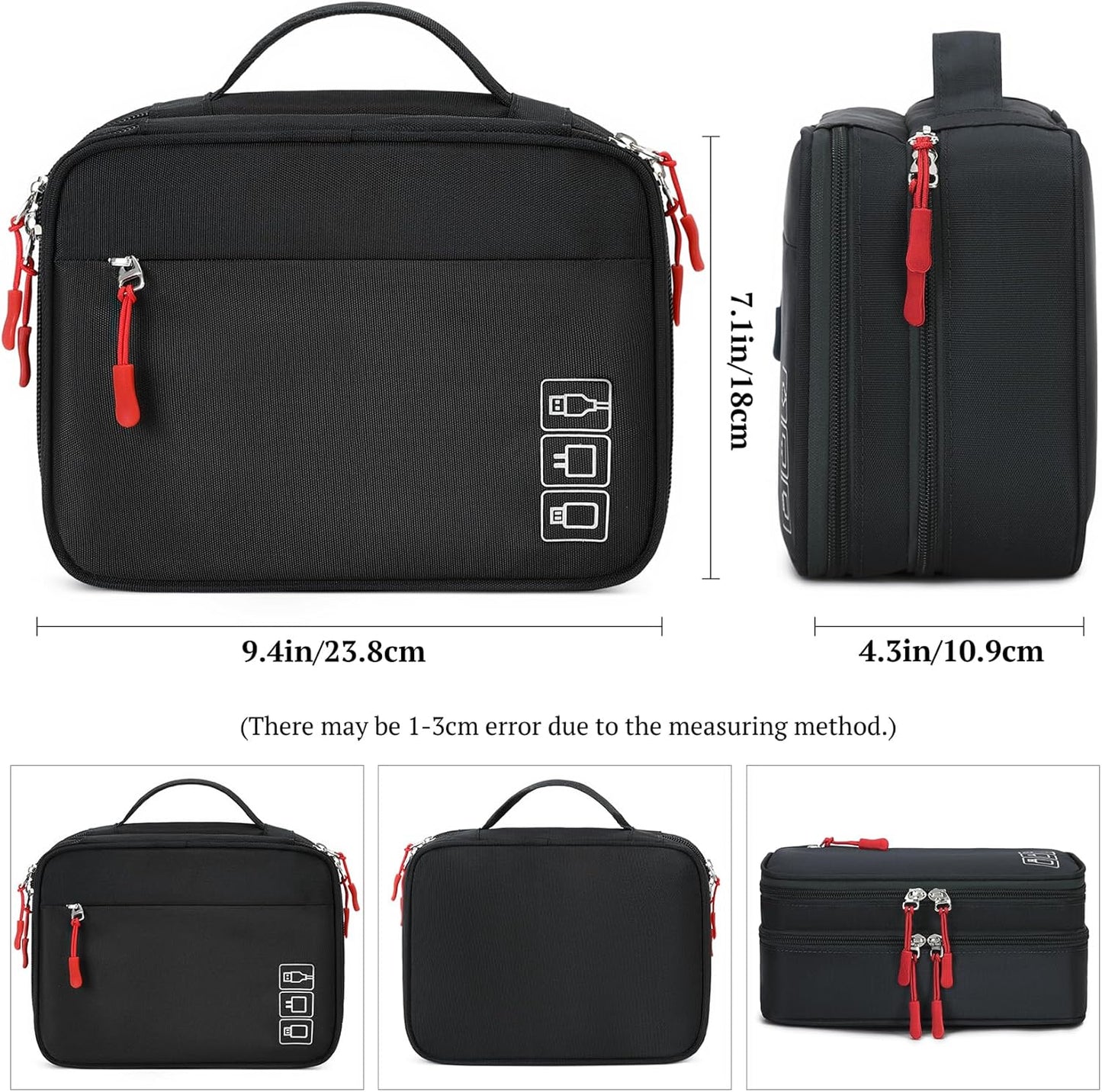 MIRLEWAIY Travel Charger Cable Organizer Portable Electronics Accessories Carrying Bag Waterproof Cord Storage Case Double Layer for Hard Drives, Phone, USB, SD Card, Black