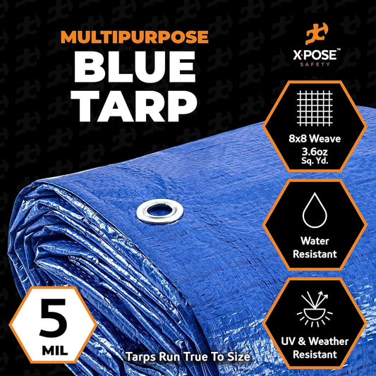 Better Blue Poly Tarp 10' x 12' (2-Pack) - Multipurpose Protective Cover - Lightweight, Durable, Waterproof, Weather Proof - 5 Mil Thick Polyethylene - by Xpose Safety