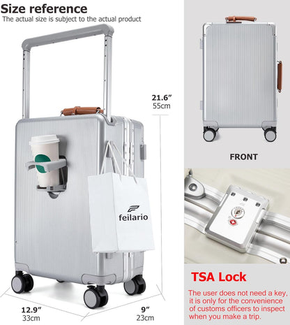feilario 20'' Aluminum Frame Wide Handle PC Hardside Carry On Luggage - Double Spinner Wheels Luxury Rolling Travel Suitcase with TSA Lock & Cup Holder