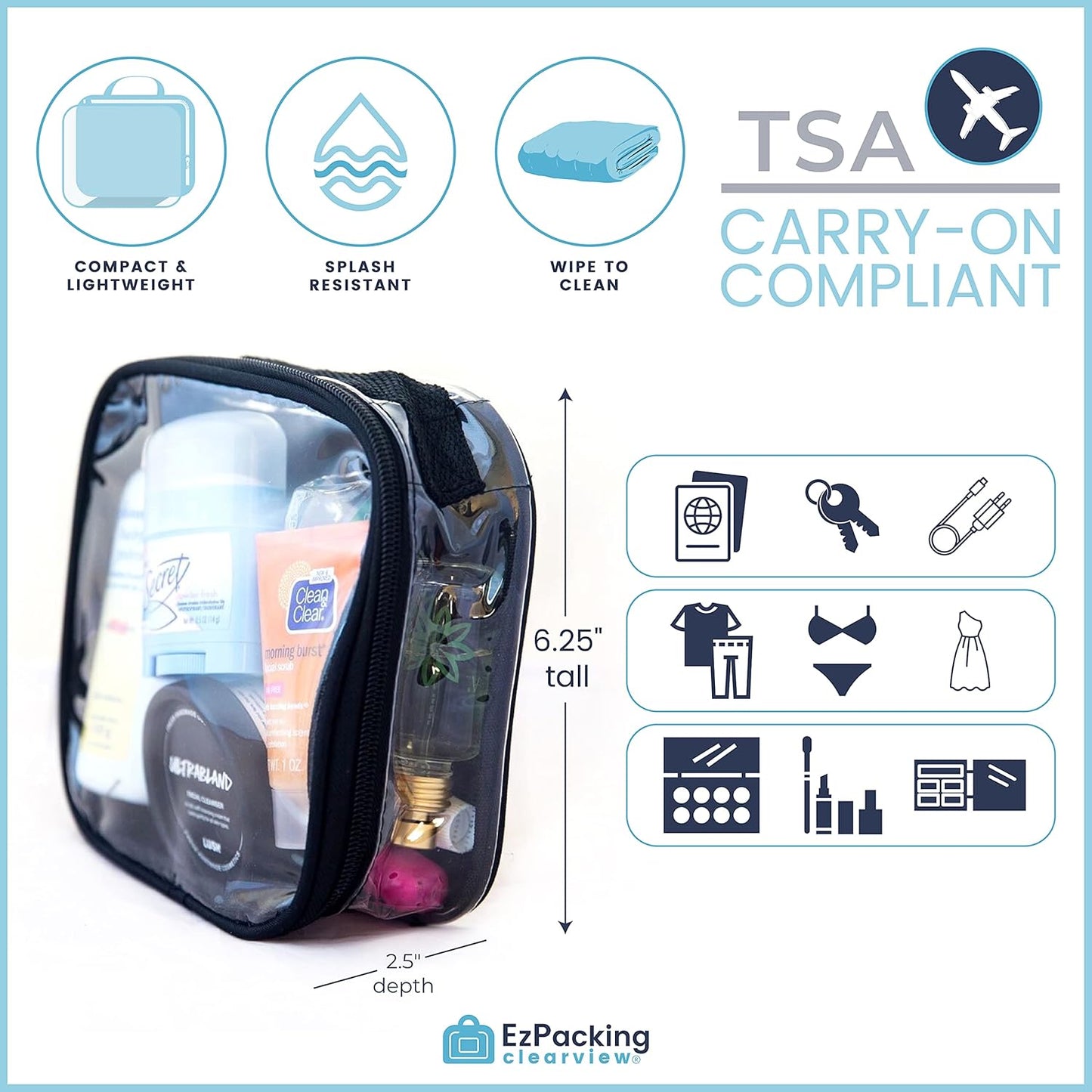 EzPacking Clear TSA Approved 3-1-1 Travel Toiletry Bag for Carry On/Quart Size Transparent Liquids Pouch for Airport Security/Reusable See Through Vinyl & PVC Plastic Organizer Men Women (Purple)