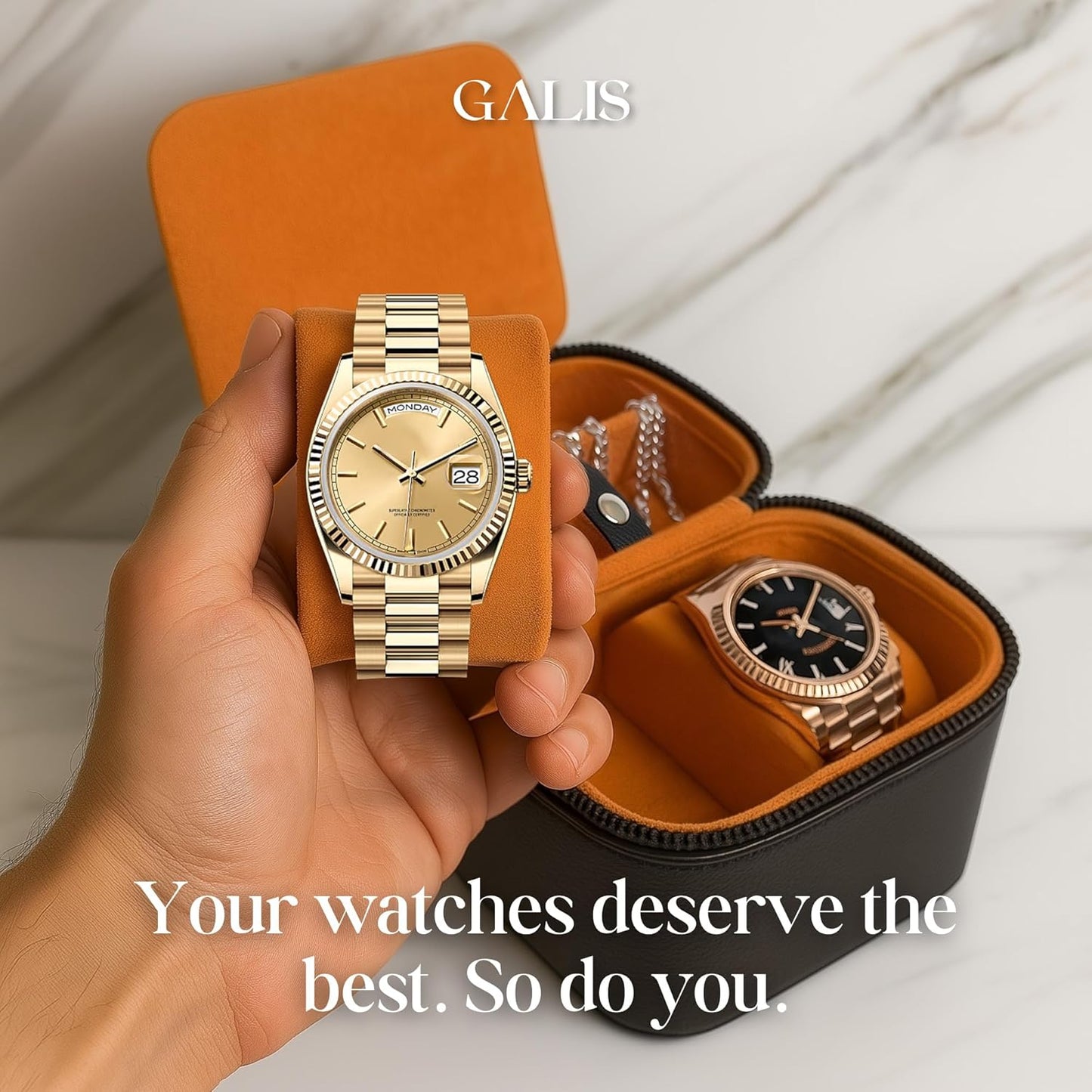 Galis Luxury Watch Case for Men High End Portable 2-Slot Watch Holder and Watch Case for Travel, Premium Watch Box for Men, Jewelry Storage Organizer, Gift for Him, Fathers, Husband (Black & Orange)